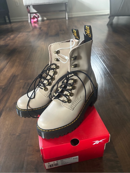Dr. Martens Shoes - Dr. Martens Women's Taupe Lace-Up Platform Boots with Black Sole